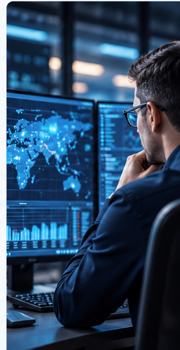 Cybersecurity analyst reviewing security monitoring dashboards